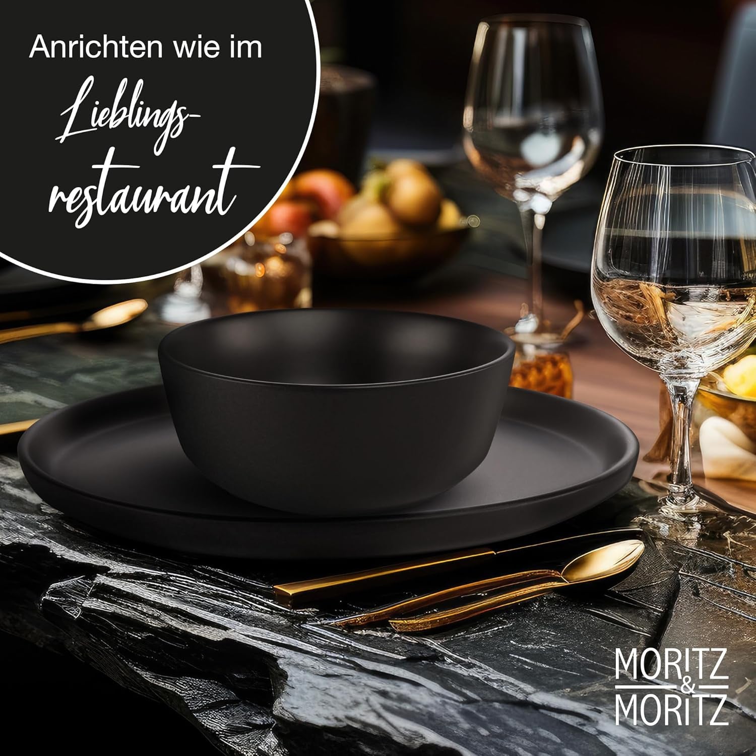 Moritz & Moritz NORDIC 6-personers porcelænssæt - 18-delt sort stentøjsstel - skandinavisk design - 6-personers robust stel til daglig brug og gæster - Kombinationsstel