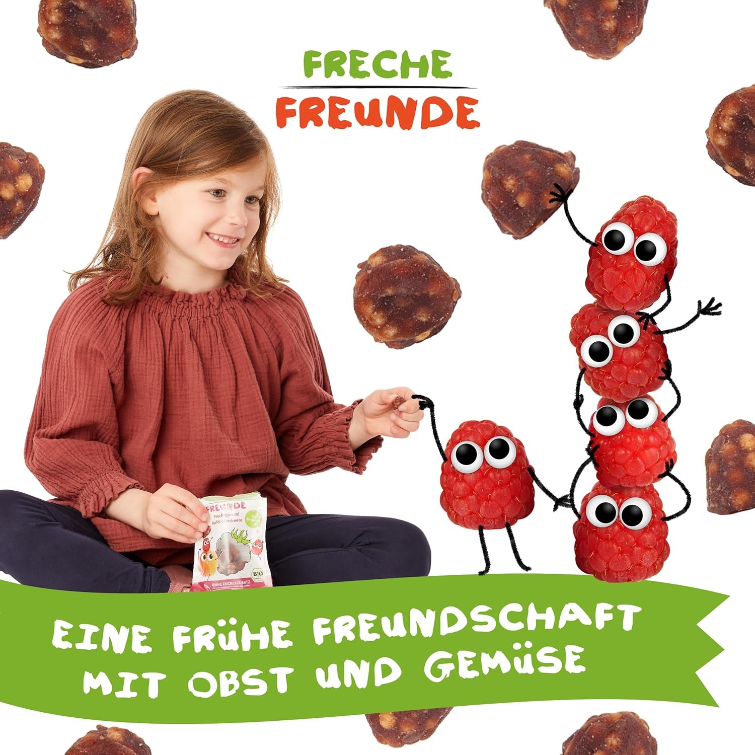 FRECHE FREUNDE Økologiske frugtgeléer, æble, hindbær og ris slikkepinde, frugtagtig sød snack til børn, glutenfri, vegansk, pakke med 20 stk (20 x 30 g)