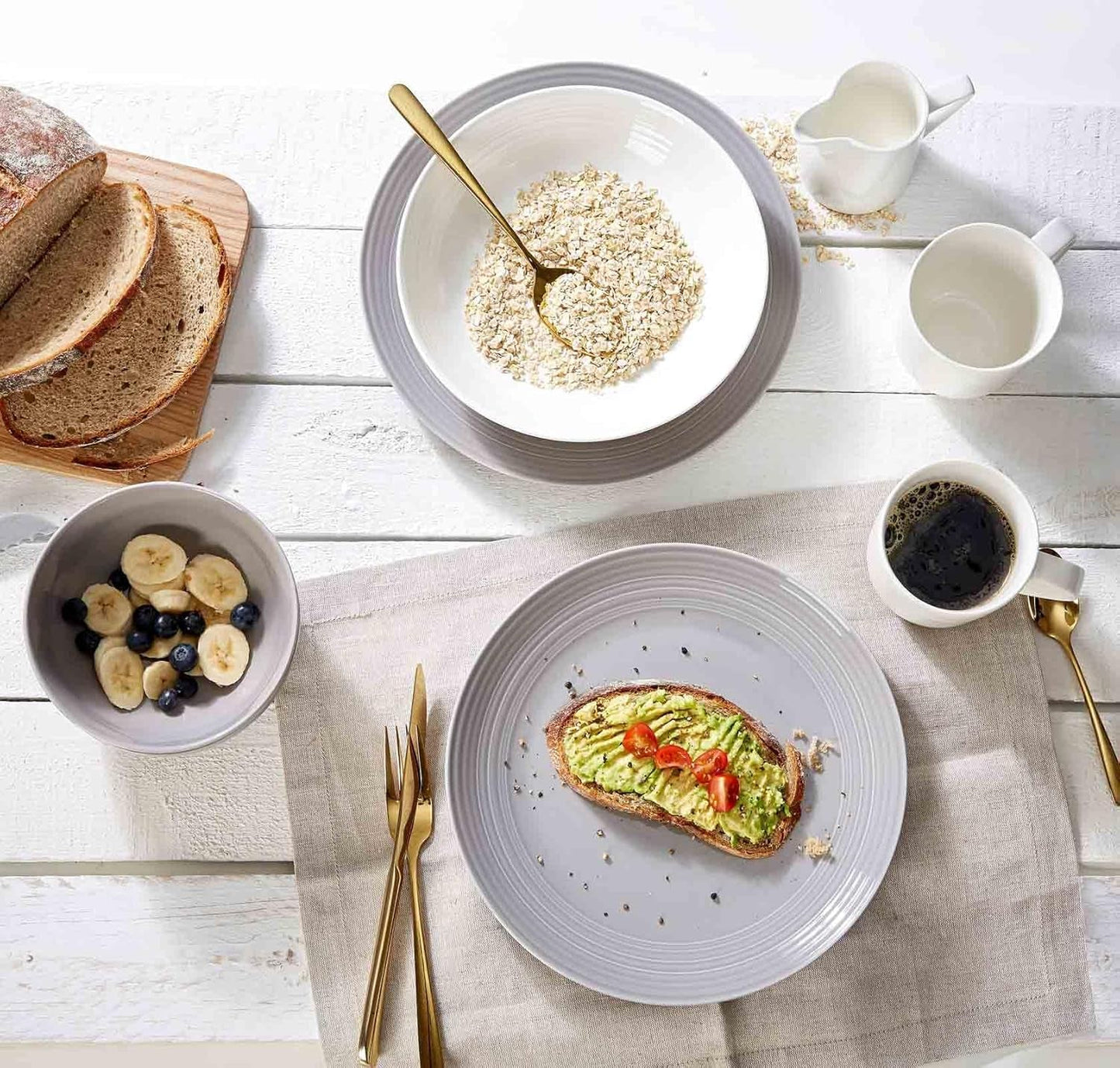 Ritzenhoff & Breker Levi 16-delt porcelænssæt, tallerkener, skåle og krus til 4, skandinavisk design med fint riflet relief, Mix & Match-stel, porcelæn, hvid og grå