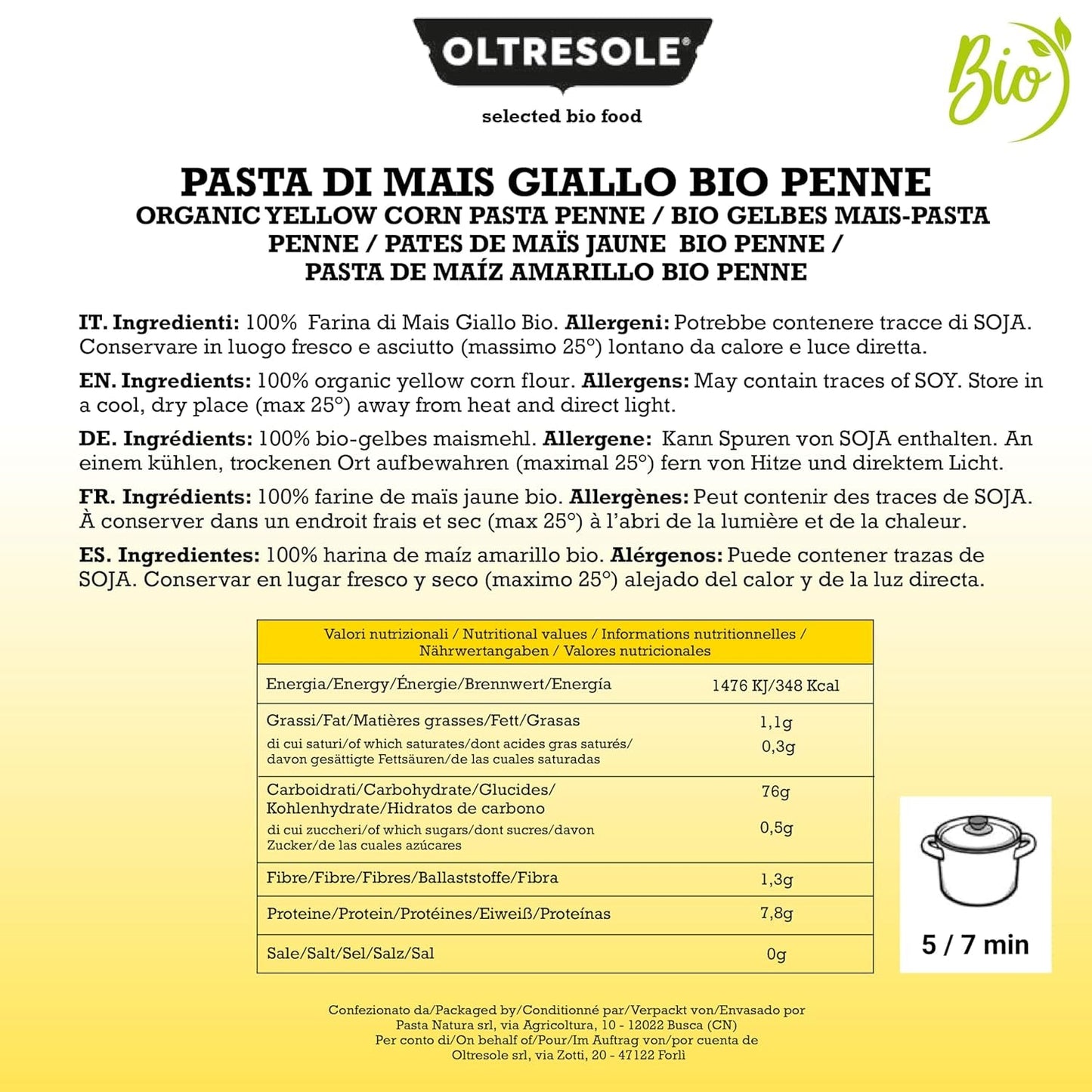 Pasta di Mais Giallo Biologica Italiana Glutenfri, Formato Penne - glutenfri pasta, 100% farina di mais giallo økologisk, vegansk, confezione da 3 pacchi på 350 g