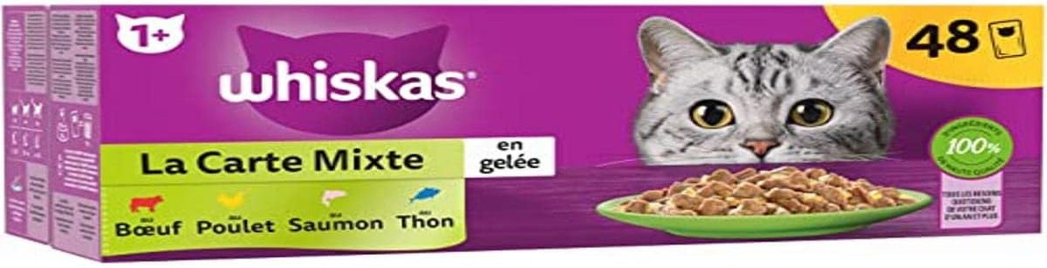 WHISKAS Måltid - 48 poser Frisk - Blandet karton (4 varianter) - Vådfoder til voksne katte i gelé - Komplet og afbalanceret vådfoder velegnet til steriliserede katte