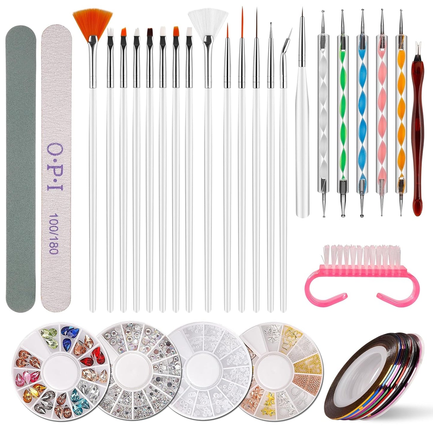 Nail Art Dekorationen & Nagelpinsel Sæt, Nageldesign Zubehör, Nagelset 5 Stk 2 Wege Punktierung Stift, 15 Malerei Polnisch Pinsel Sæt, 10 Streifenband, 4 Boxen Bunte Nagel Rhinestones Dekoration