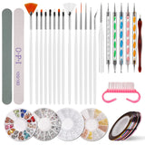 Nail Art Dekorationen & Nagelpinsel Sæt, Nageldesign Zubehör, Nagelset 5 Stk 2 Wege Punktierung Stift, 15 Malerei Polnisch Pinsel Sæt, 10 Streifenband, 4 Boxen Bunte Nagel Rhinestones Dekoration