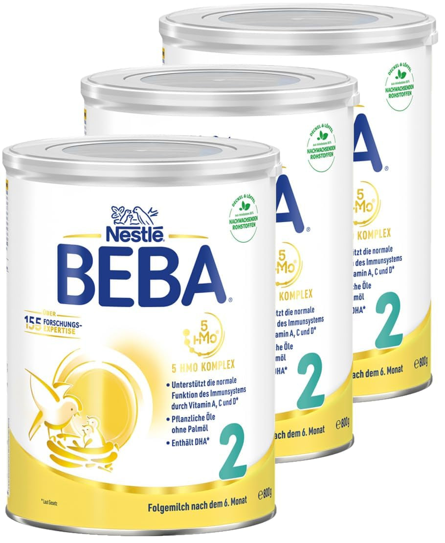 BEBA 2 - Tilskudsmælk efter 6 måneder, med 5 HMO-komplekser, alderssvarende proteinindhold, laktosefri, palmeoliefri, fiskeoliefri, babymad, babymælkpulver, 3 stk. (3 x 800 g)