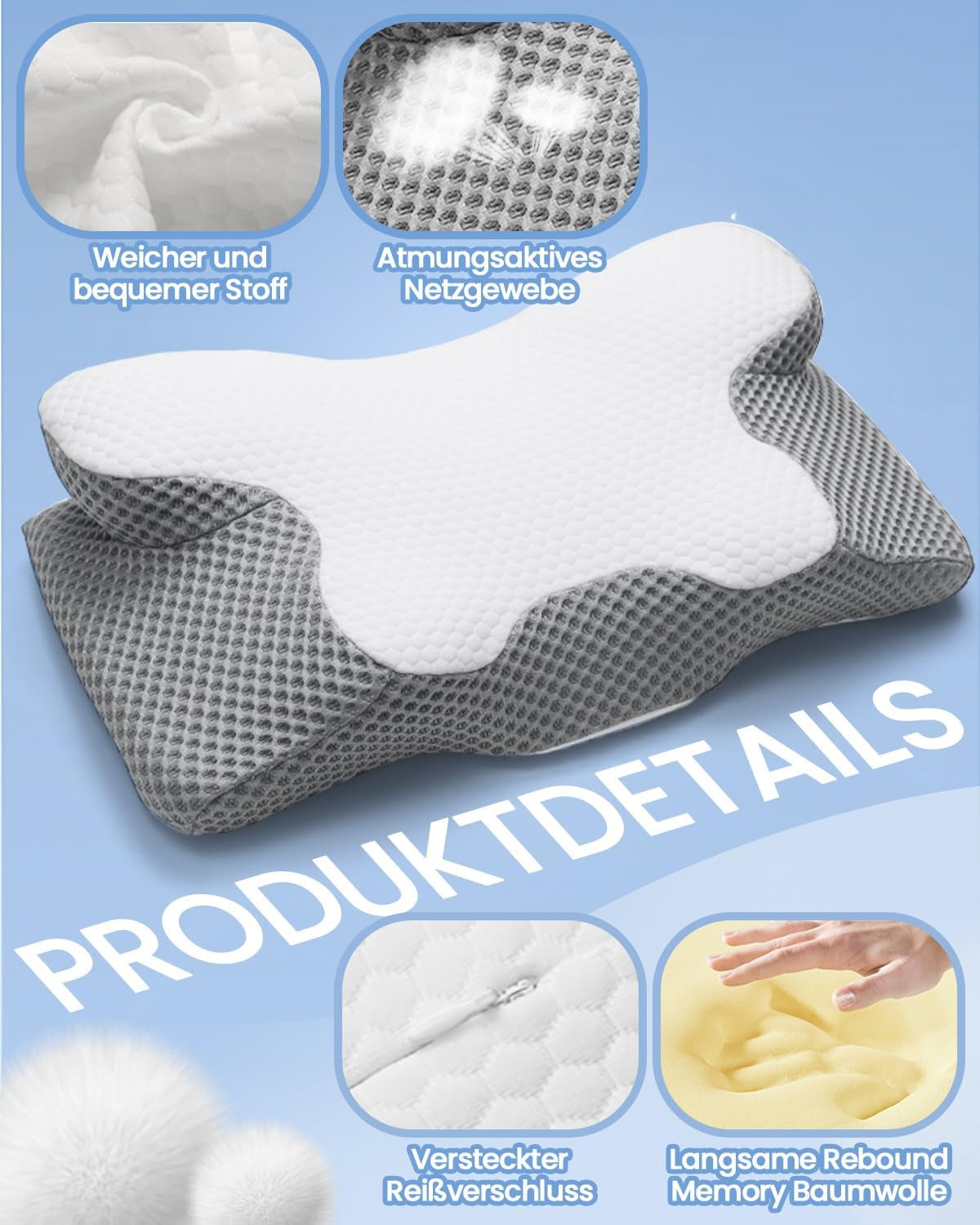 2 i 1 Nakkepude Pude Memory Foam Pude Ergonomisk ortopædisk pude 2 Sovehøjde Nakkestøttepude til side / ryg / mavestøtte Cervikal ortopædiske puder Naty Shop