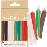 Scrapcooking - Sæt med 4 julechokoladefarvede blyanter - brun, hvid, grøn og rød - spiselig farve - madfarve til skrivning - skriv og tegn på desserter, kager og småkager - 7060