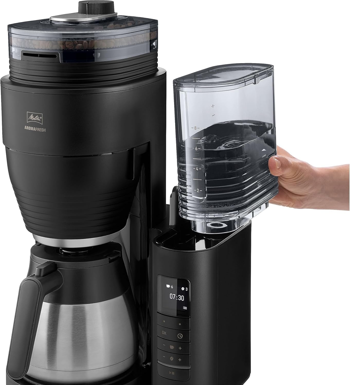 Melitta AromaFresh Therm Pro X - Espressomaskine med filter, integreret kværn, aftagelig vandtank, termokande i rustfrit stål og timerfunktion, til op til 8 kopper kaffe, sort/sølv