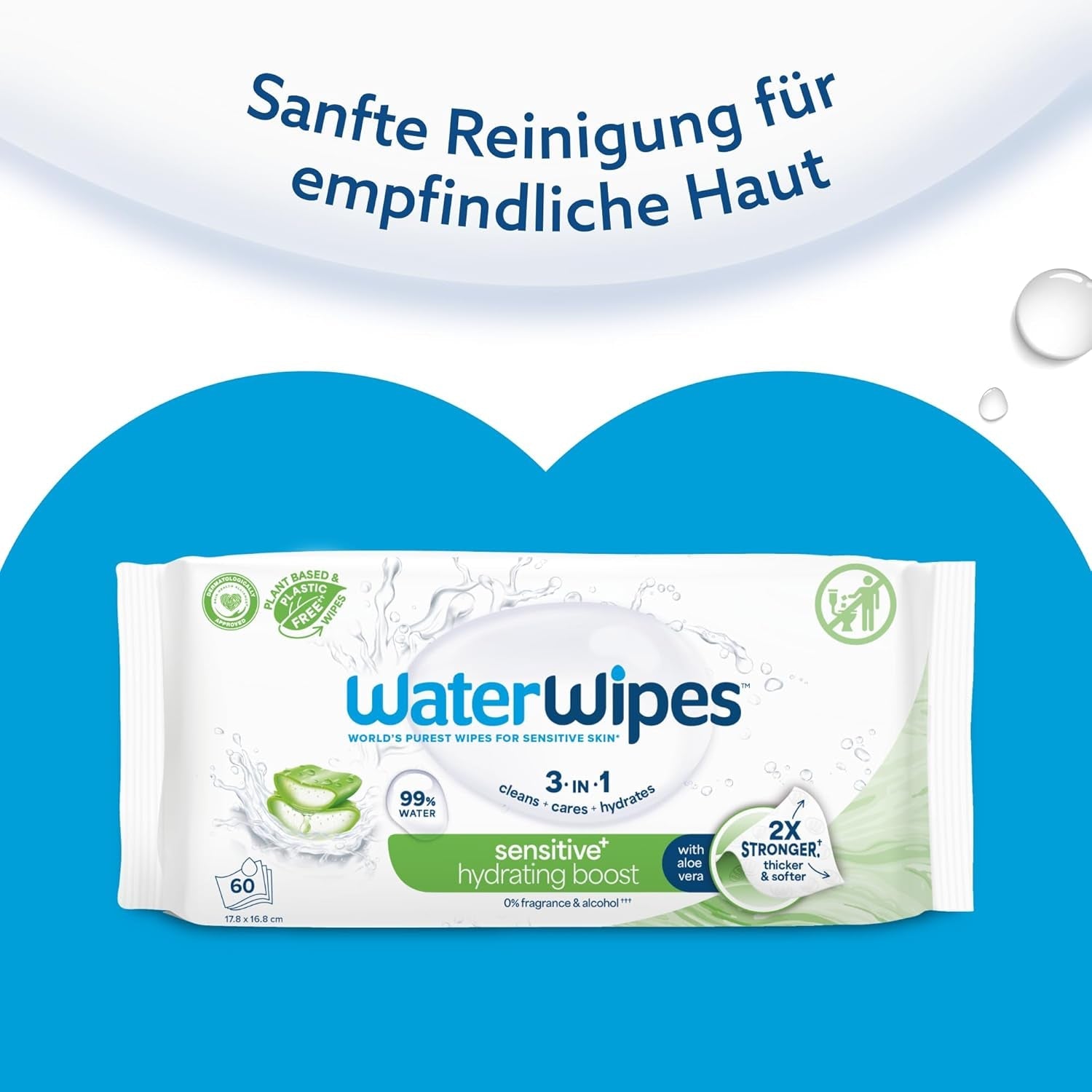 WaterWipes Sensitive+ Hydrating Boost Vådservietter, Hydrating Wipes, 720 Count (12 Pack), 3 i 1 Clean, Care, Hydrate, 99% Aloe Vera Water, Uparfumerede Baby Wipes