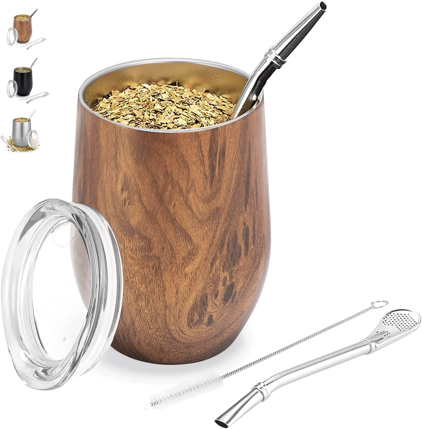 Moderne Mate-krus 340 ml, isoleret Yerba Mate-krussæt med dobbeltvæg i rustfrit stål, Mate-tekrus med BPA-frit låg, Bombillas og en rensebørste (sølv)