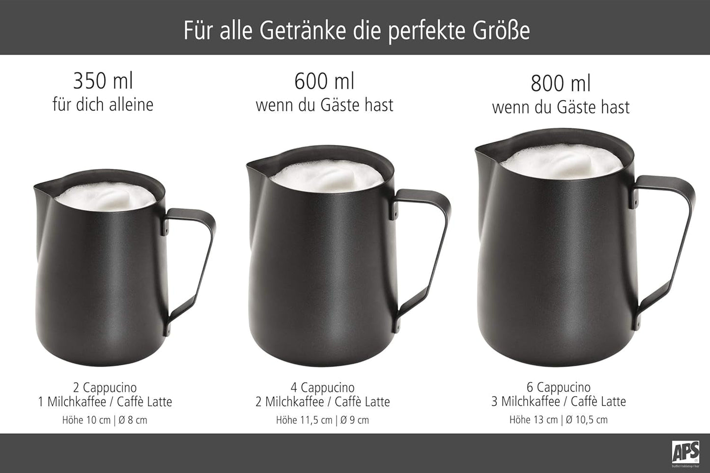 APS Milk Pitcher - Højkvalitets mælkekande med non-stick belægning, lavet af rustfrit stål - Perfekt til opskumning af mælk - Universal karaffel, sort, 600 ml