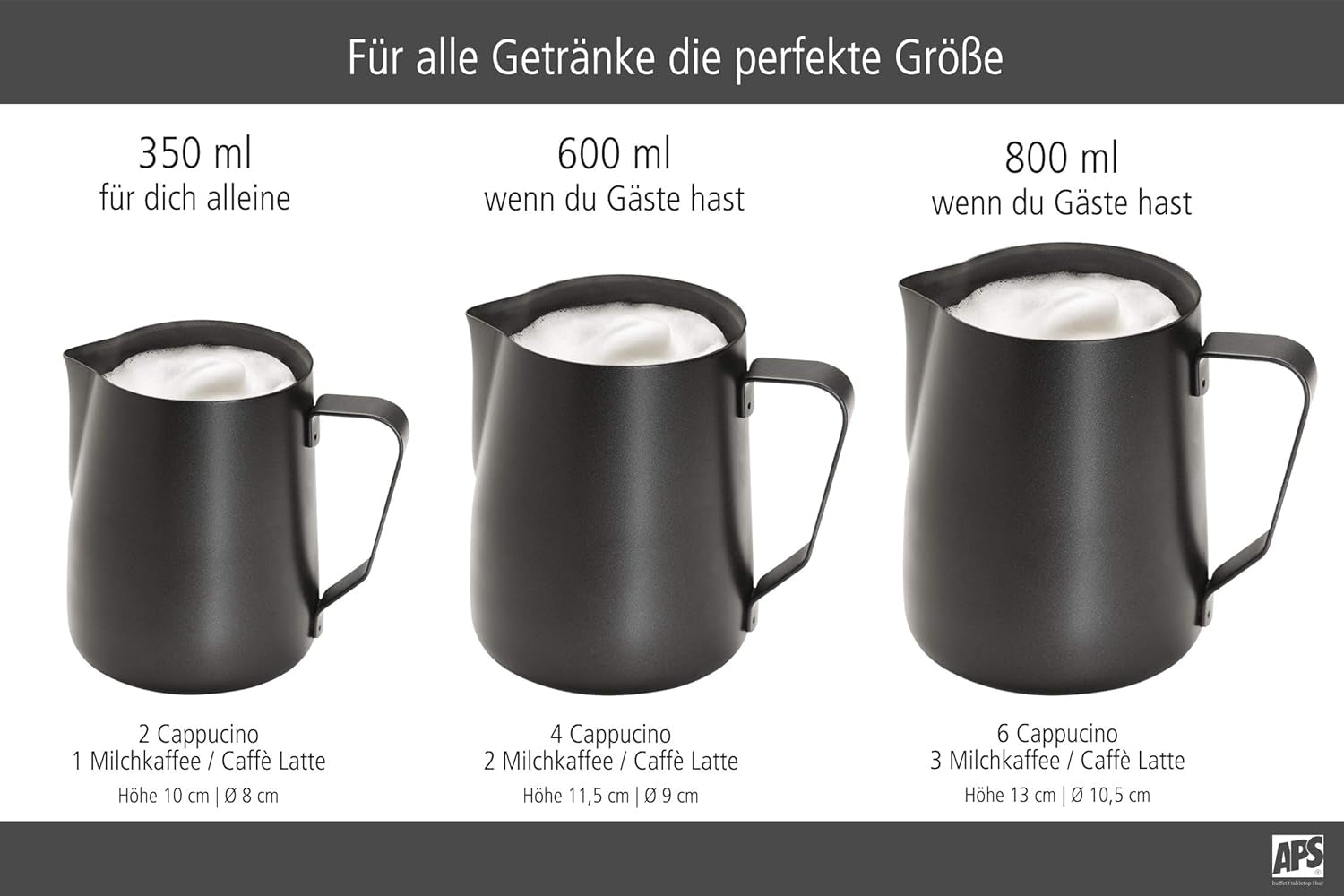 APS Milk Pitcher - Højkvalitets mælkekande med non-stick belægning, lavet af rustfrit stål - Perfekt til opskumning af mælk - Universal karaffel, sort, 600 ml