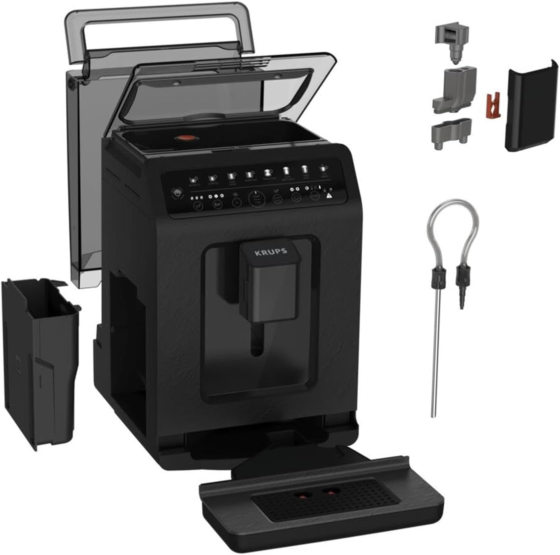Krups EA897B Evidence ECOdesign automatisk espressomaskine, automatisk espresso- og cappuccinofunktion, Quattro Force-teknologi, one-touch mælkekopper, 8 forudindstillinger, mælkesystem, 1450W