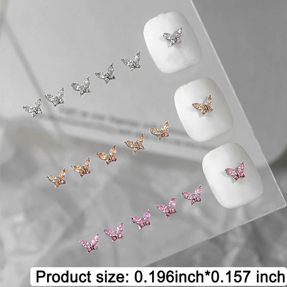Mini Butterfly Zircon Nail Nøgleringe Y2K Hvid Champagne Pink Rhinestone Krystal Sommerfugl Nøgleringe Negle 3D Butterfly Nail Design Nøgleringe Butterfly Negle Dekoration Nail Art Nøgleringe Negle Accessories