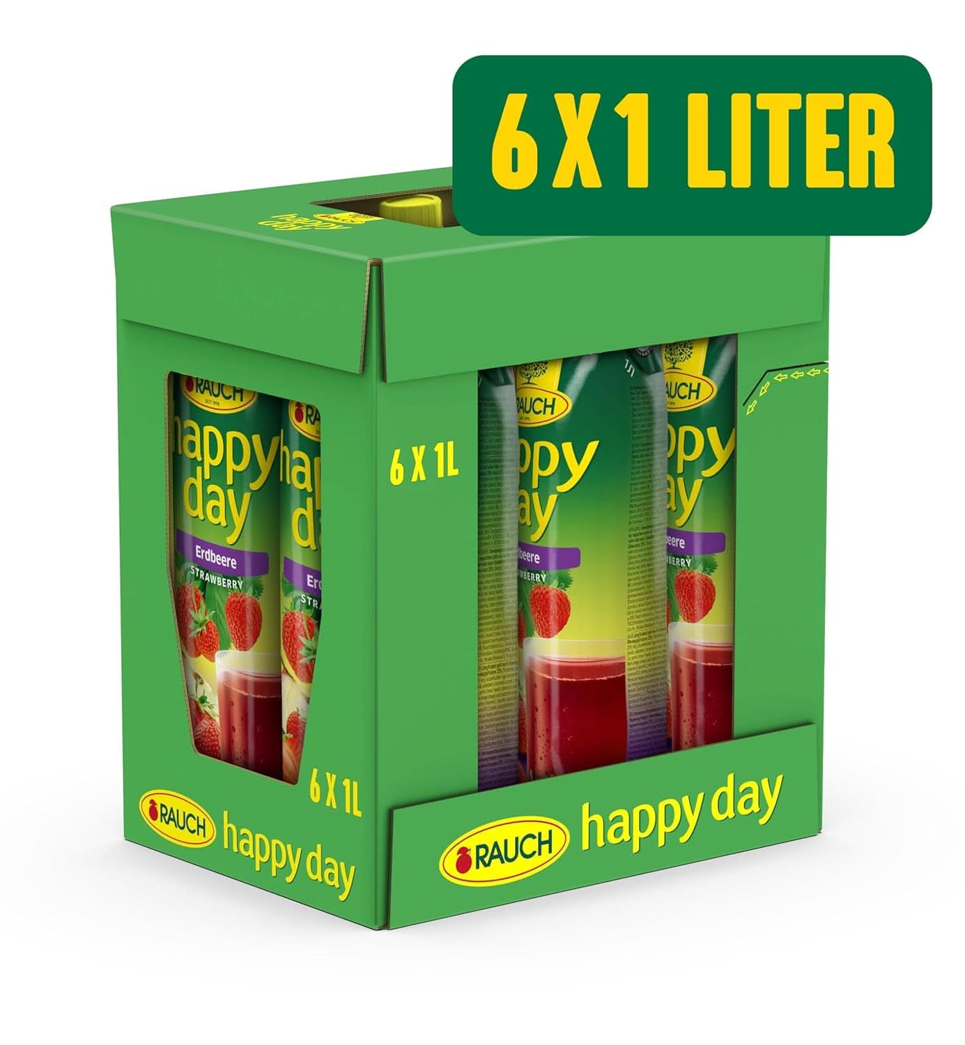 Rauch Happy Day Strawberry | Intens jordbærsmag | Raffineret med æbler og citron | 6X 1 liter, Tetra Prisma Alkoholfri drikkevarer Naty Shop