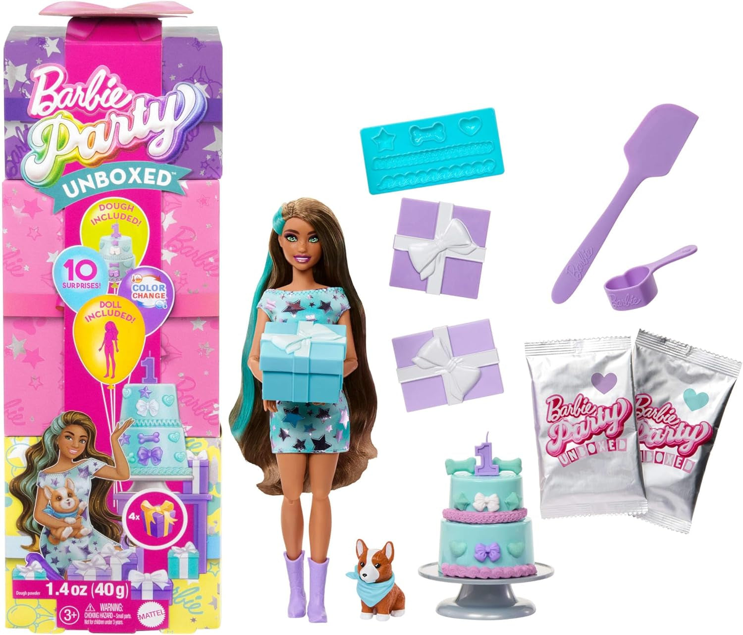 Barbie-festdukke uden æske og tilbehør Fødselsdagskæledyrsserie 10 overraskelsesfeststjernesæt inklusive farveskiftende effekt og kagepynt JFG72