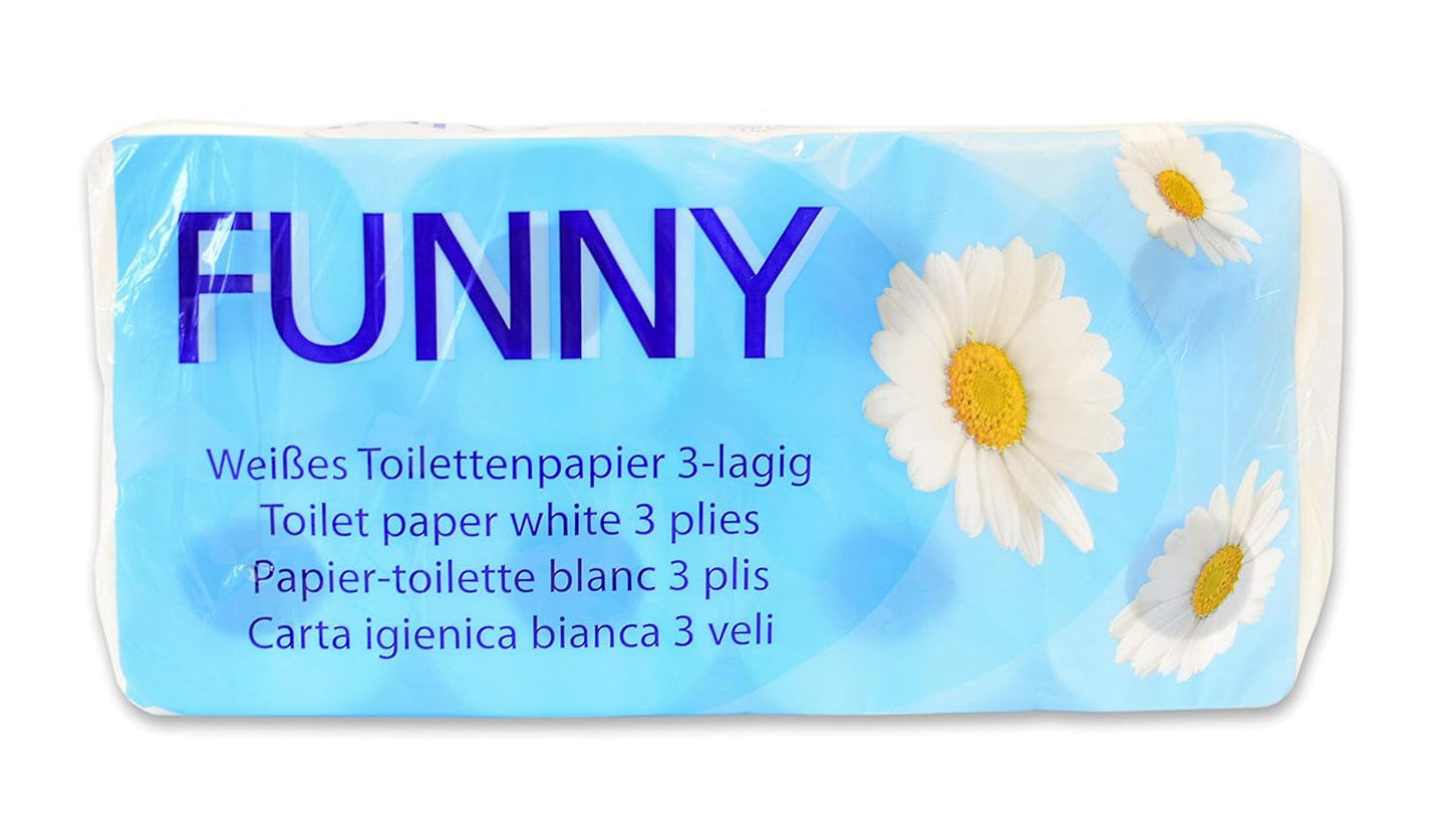 Sjovt toiletpapir AG-014, 3-lags, 250 ark, 9,5 cm x 11 cm, hvid, enkelt pakke med 8 ruller