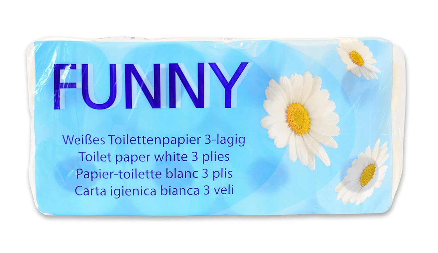 Sjovt toiletpapir AG-014, 3-lags, 250 ark, 9,5 cm x 11 cm, hvid, enkelt pakke med 8 ruller