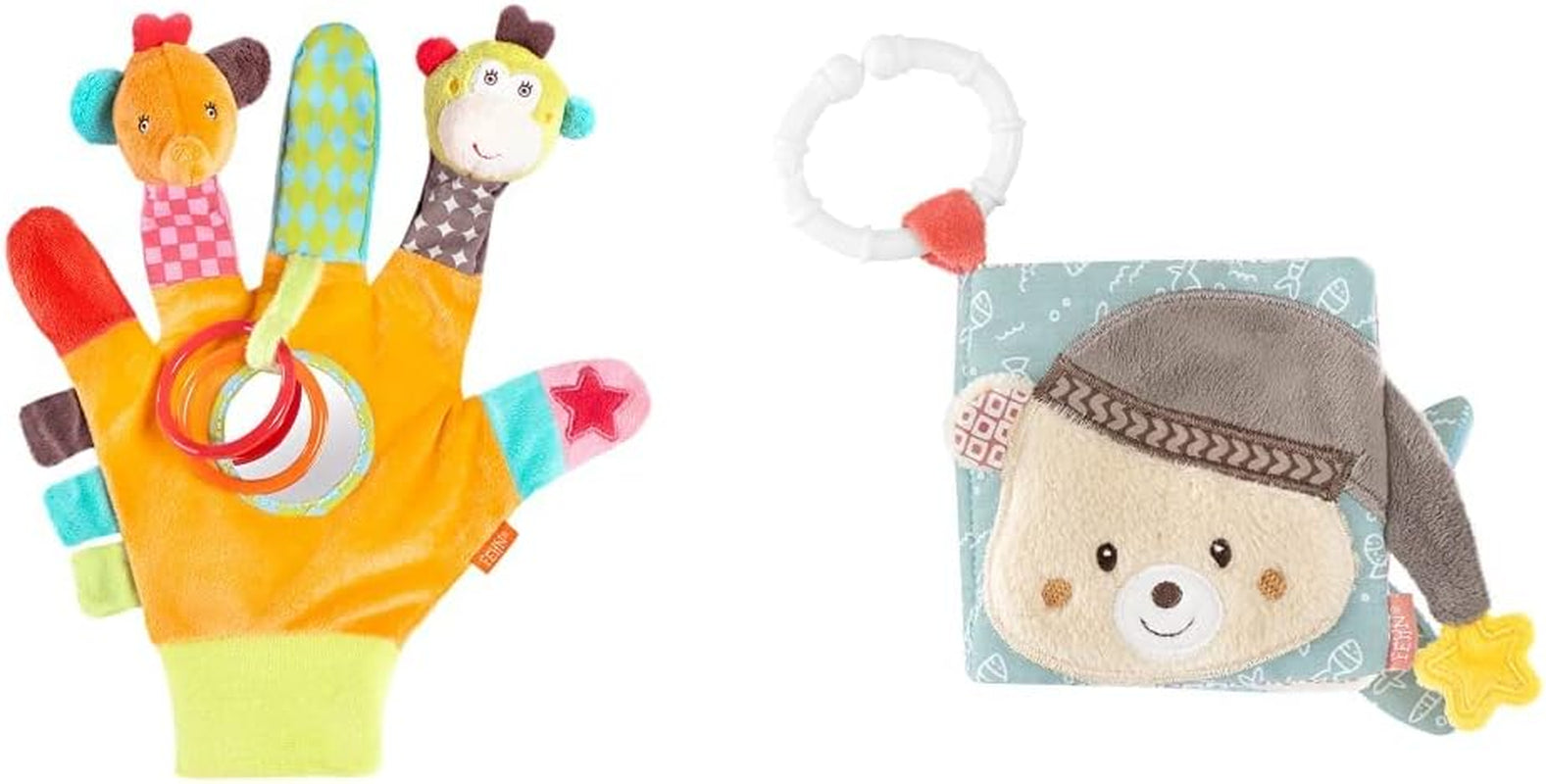 Fehn legehandske safari - fingerdukker baby legetøj abe og elefant til at gribe og lave lyde & blød billedbog Bruno - taktil bog til børn med dyremotiver Bebe Toys Naty Shop Safari