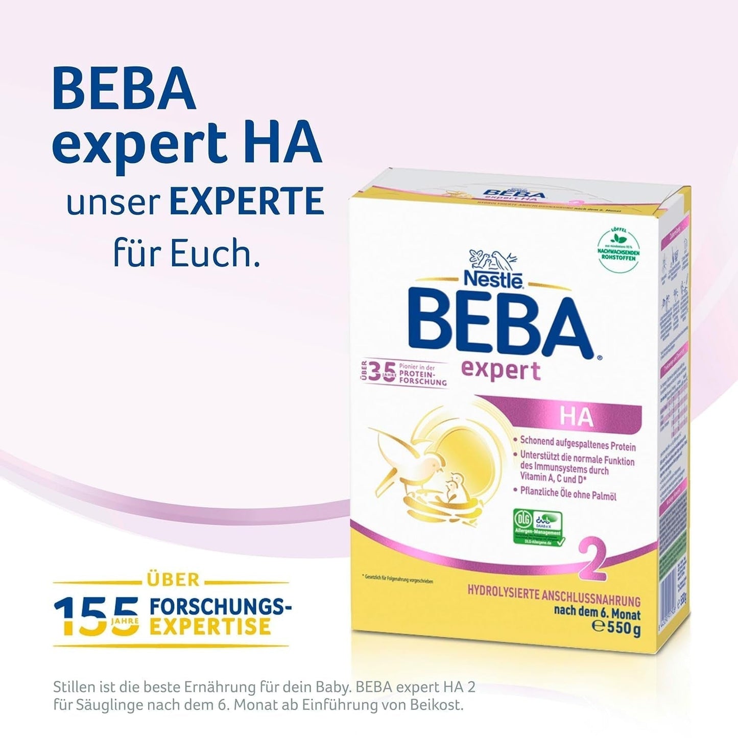 BEBA Expert HA 2 Tilskudsmælk efter 6 måneder, babymad med hydrolyseret protein, kun laktose, palmeoliefri, 6 stk. (6 x 550 g) Naty Shop
