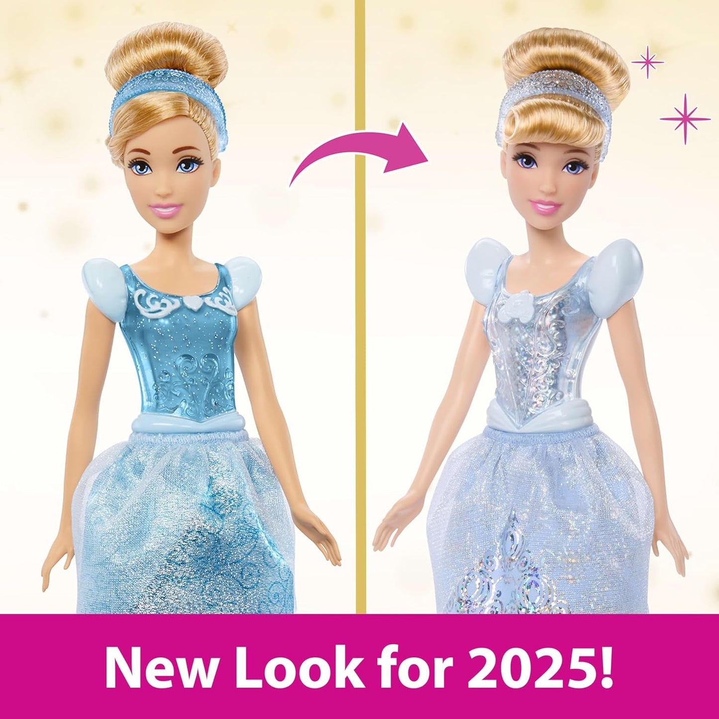 Mattel DISNEY Princess Askepot - Leddukke med funklende outfit, aftagelige sko og tiara, kæmmet hår til stylingsjov, til børn fra 3 år og opefter, HLW06