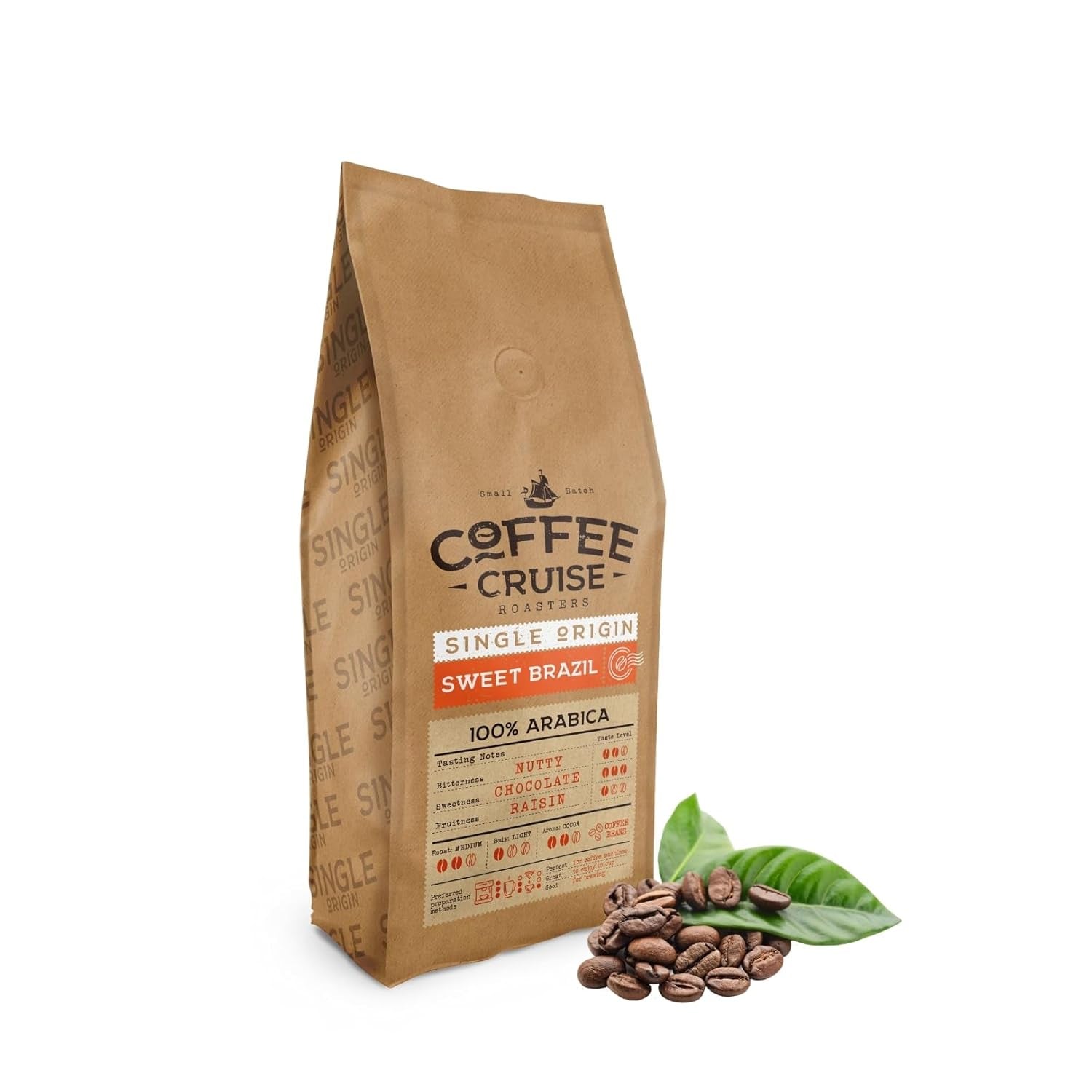 COFFEE CRUISE Sweet Brazil Brasilianische Kaffeebohnen 1kg - Mittlere Röstung - Aroma Kakao und Schokolade - Für All Kaffeemaschinen - 100% arabisk