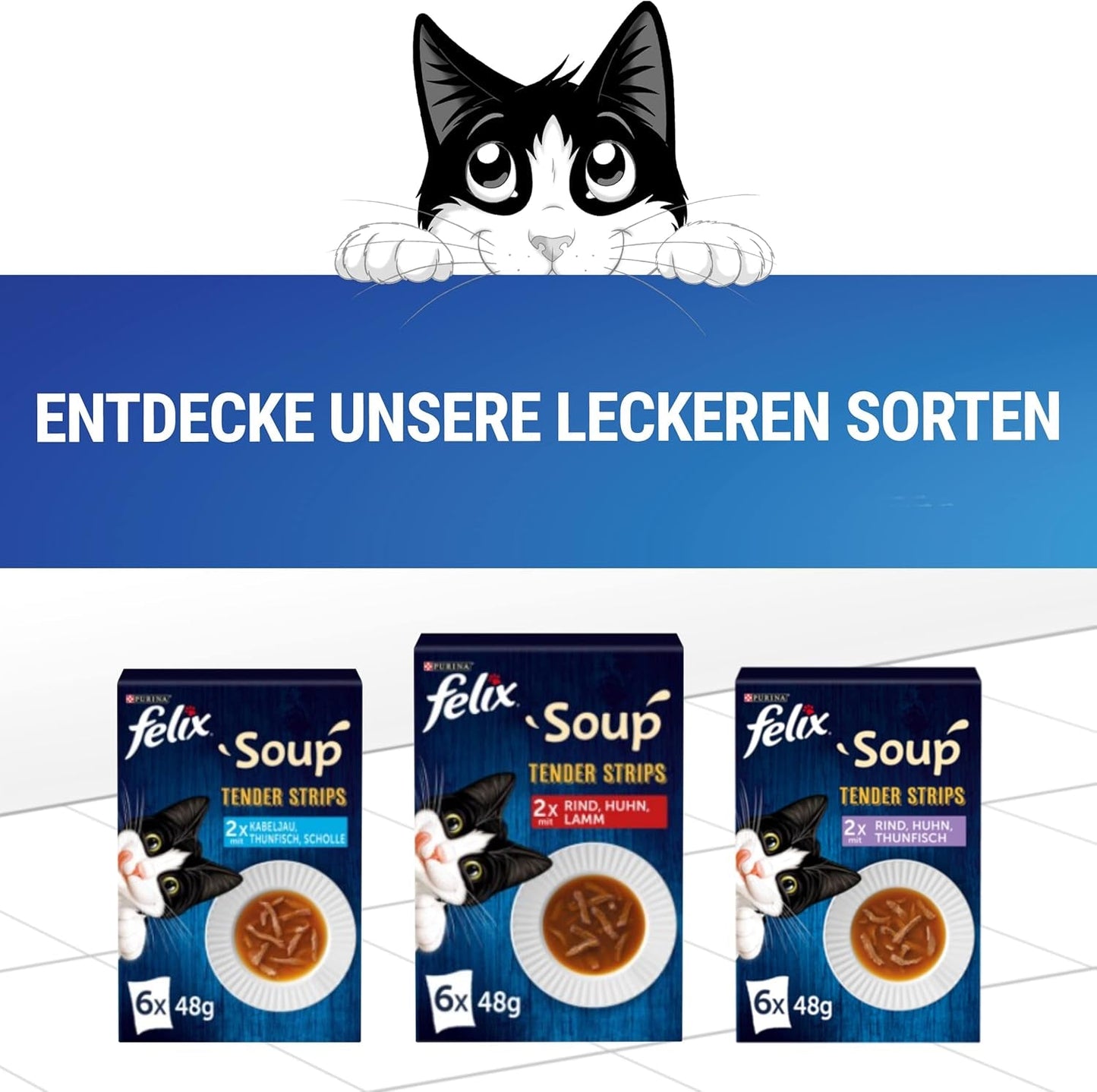 Felix suppestrimler, kattesuppe, blandet variant, pakke med 8 (8 x 6 poser á 48 g hver)