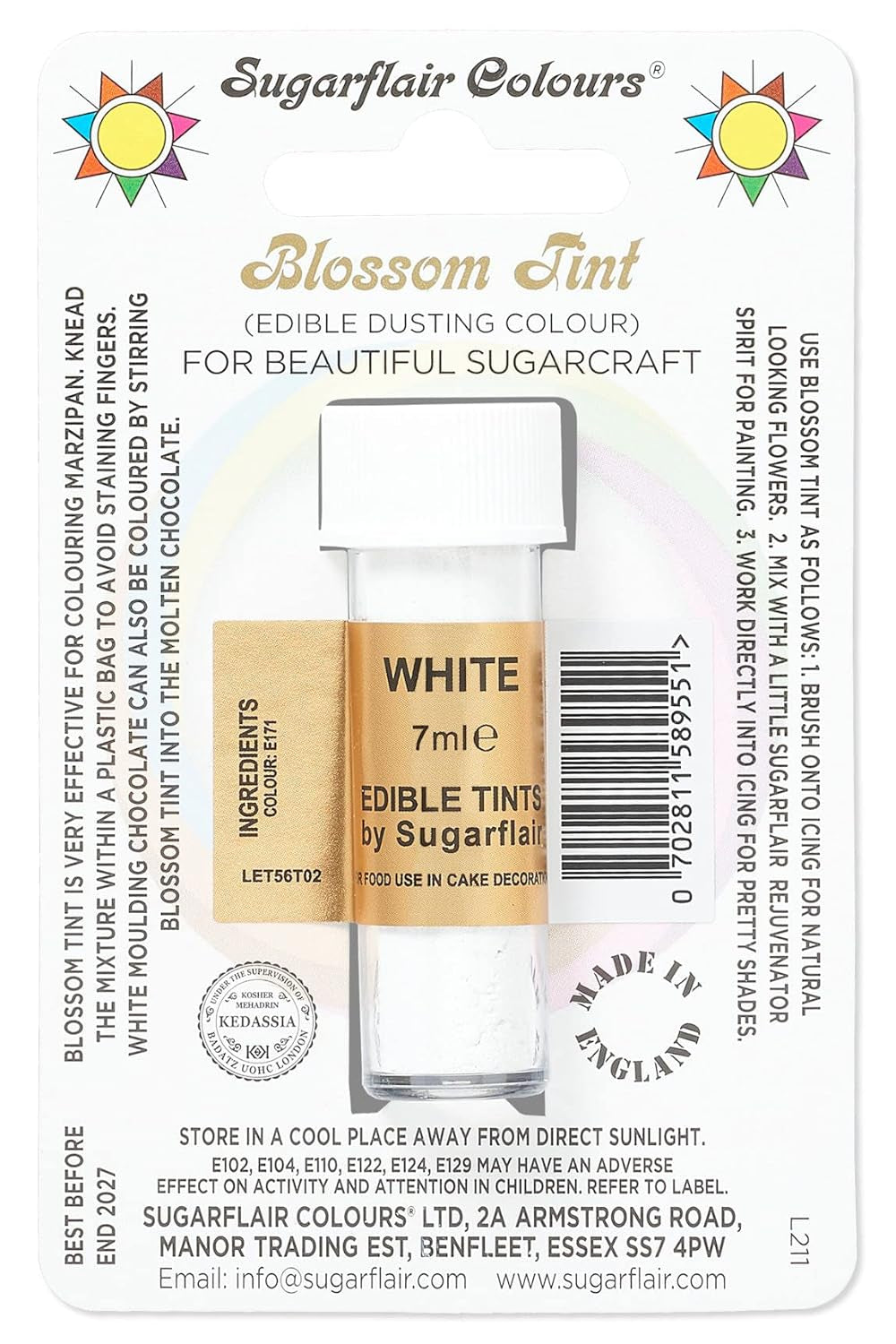 Madfarvepulver Sugarflair Blossom Tint Duting, hvid - Madfarvepulver til dekoration af farvet sukkerpasta, fondant, glasur, chokolade, smørcreme, makroner - 7 ml