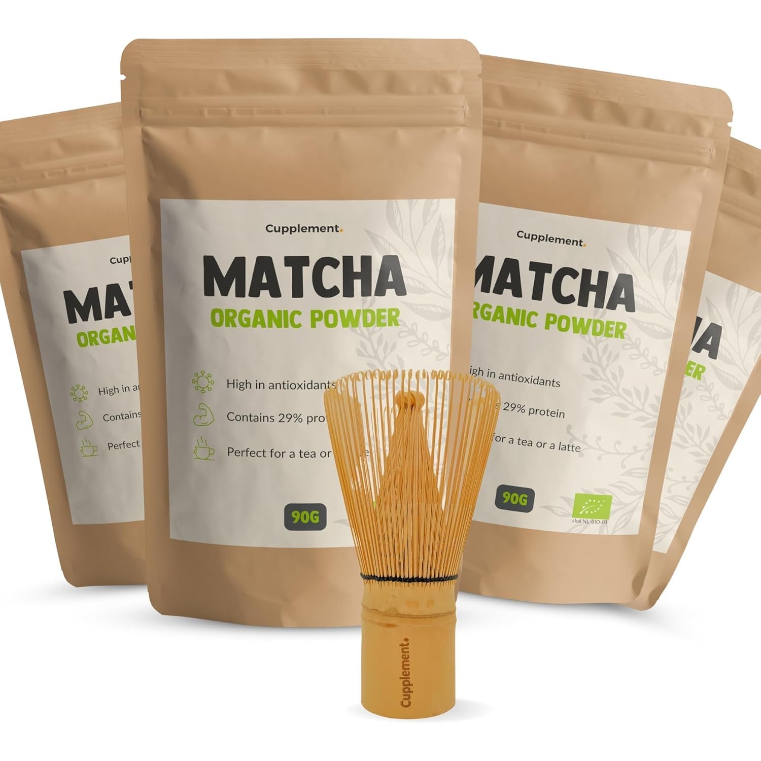 Supplement Matcha 90 gram økologisk - Højeste kvalitet pulveriseret grøn te - Ingen bambus piskeris og tråd - Culunary - Begynder sæt - Latte - Piskeris - Japan - Pulver - Te - Wire - Taske - Smoothie