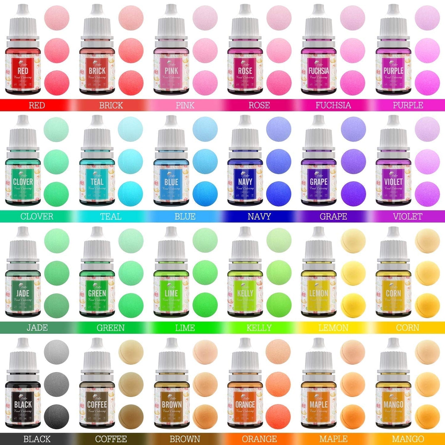 24 farver madfarve - flydende madfarve til bagning af kager, småkager, macarons, dekoration og madlavning - levende madfarve til airbrushing, fondant - 6 ml hver