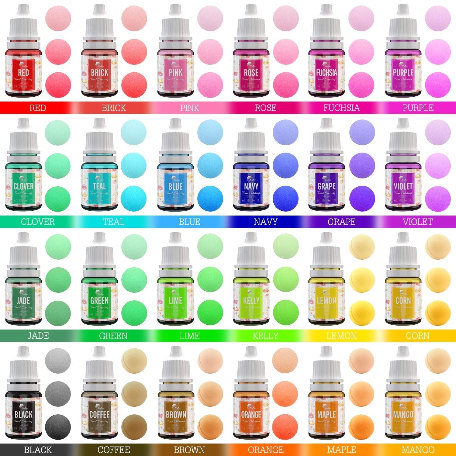 24 farver madfarve - flydende madfarve til bagning af kager, småkager, macarons, dekoration og madlavning - levende madfarve til airbrushing, fondant - 6 ml hver