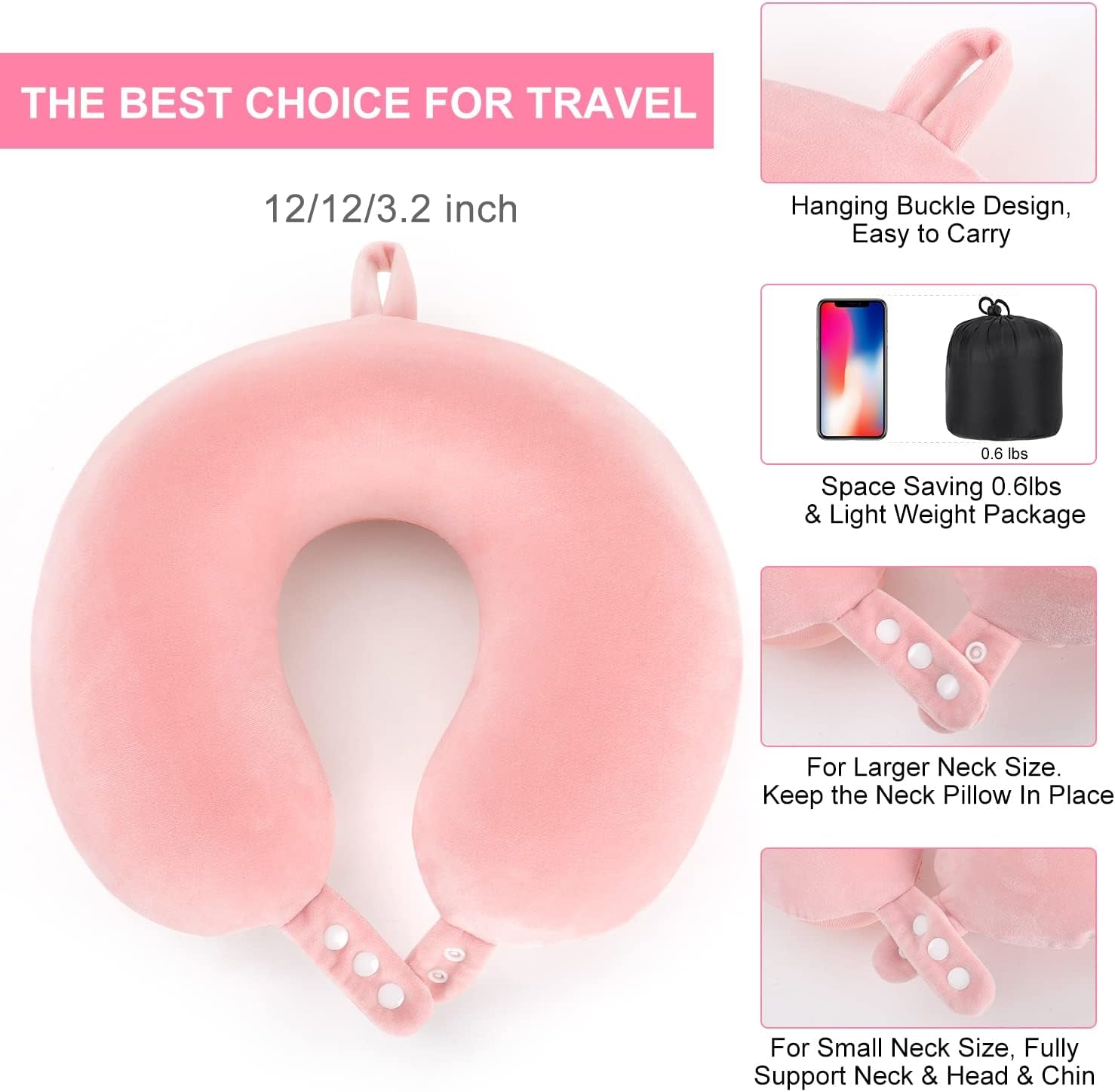 TALLGO rejsenakkepude, Bedste Memory Foam-flyvepude til nakkestøtte, Blød justerbar pude til fly, bil og hjem, Pink cervikale ortopædiske puder Naty Shop