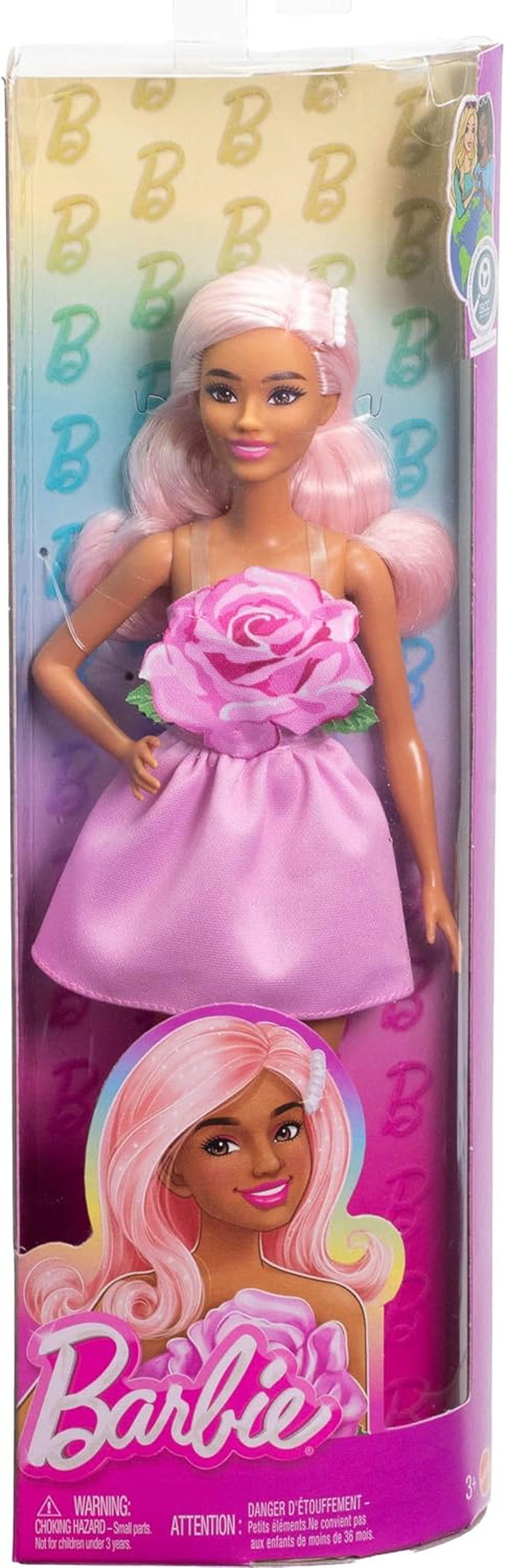 Barbie Fashionista dukke nr. 238 med pastellyserødt hår, stropløs kjole med pink top, perlehårklemme og høje hæle med stropper, HYT94 Naty Shop Dolls