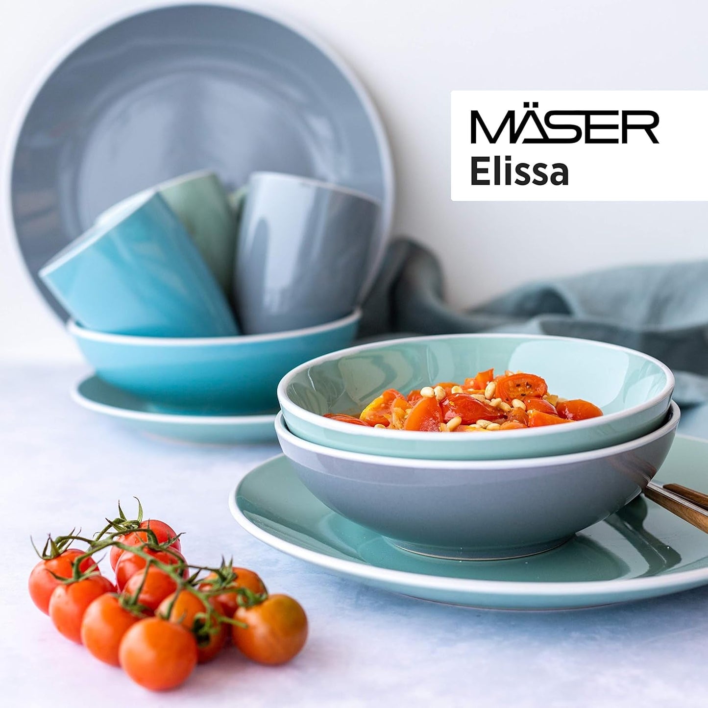 MÄSER 931844 Elissa-serien moderne servicesæt til 6, blå med hvid kant, 24-delt kombinationssæt, keramik