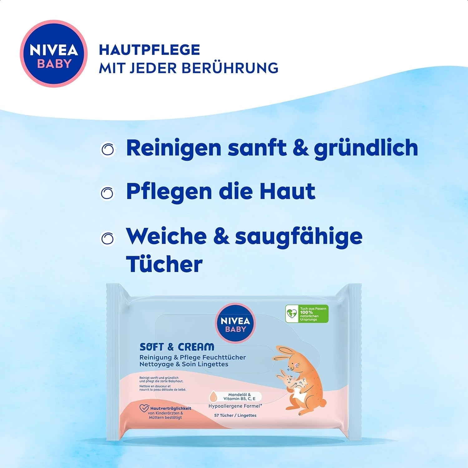 NIVEA BABY Soft & Cream vådservietter til babyer (4 x 57 stk.)