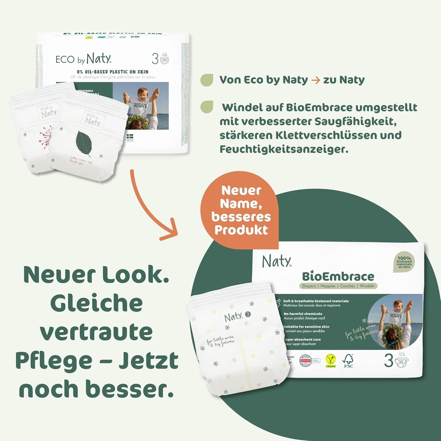 Naty BioEmbrace babybleer, størrelse 3 (4–9 kg) | 100% plantebaserede materialer, skånsomme mod huden | Åndbar blødhed, dermatologisk testet, fremragende absorption | 100 stk.