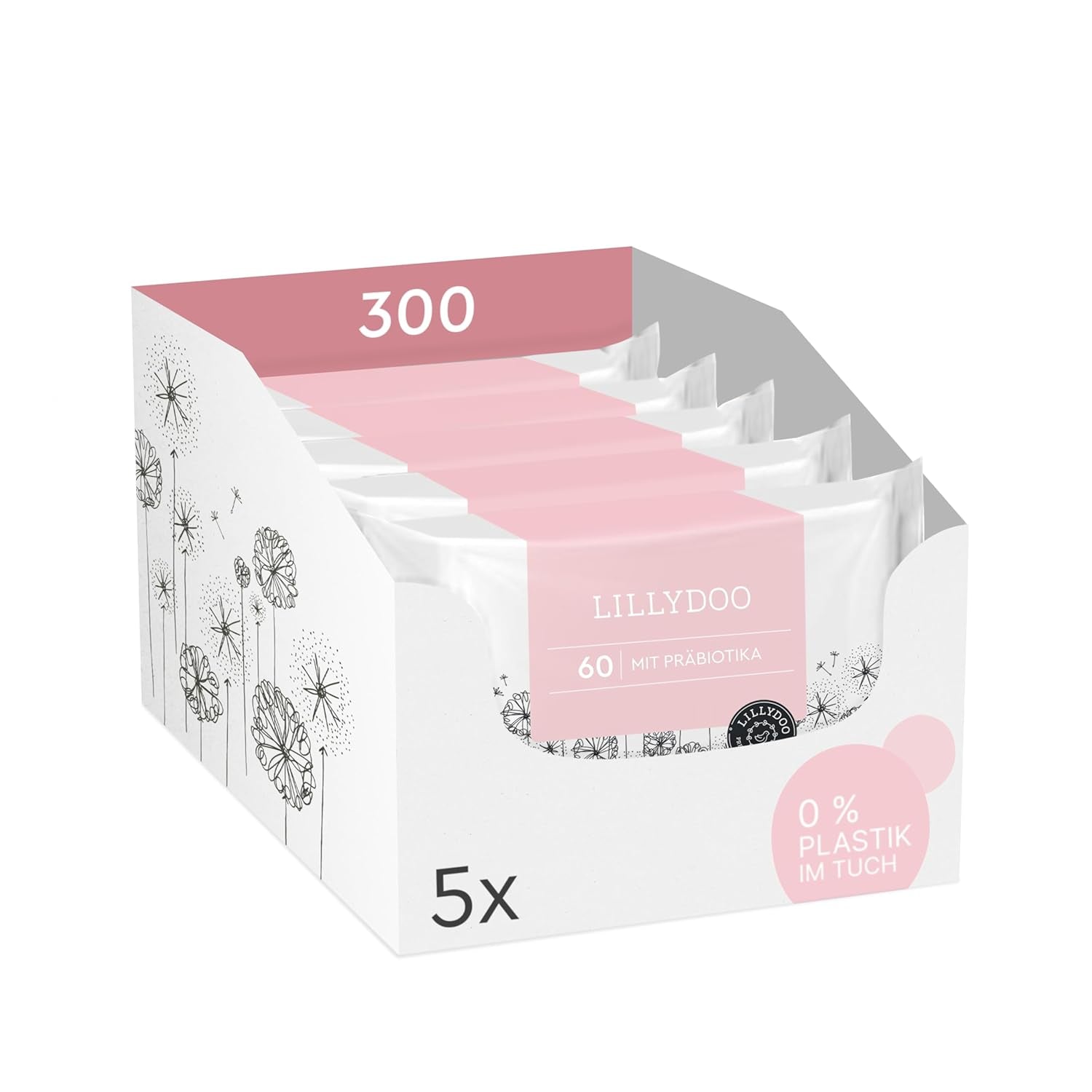 LILLYDOO grønne vådservietter, 600 count (10 x 60), 100 % plastfri rivefast serviet - Parfumefri, skånsom og naturlig, skånsom rensning til følsom hud, dermatologisk testet