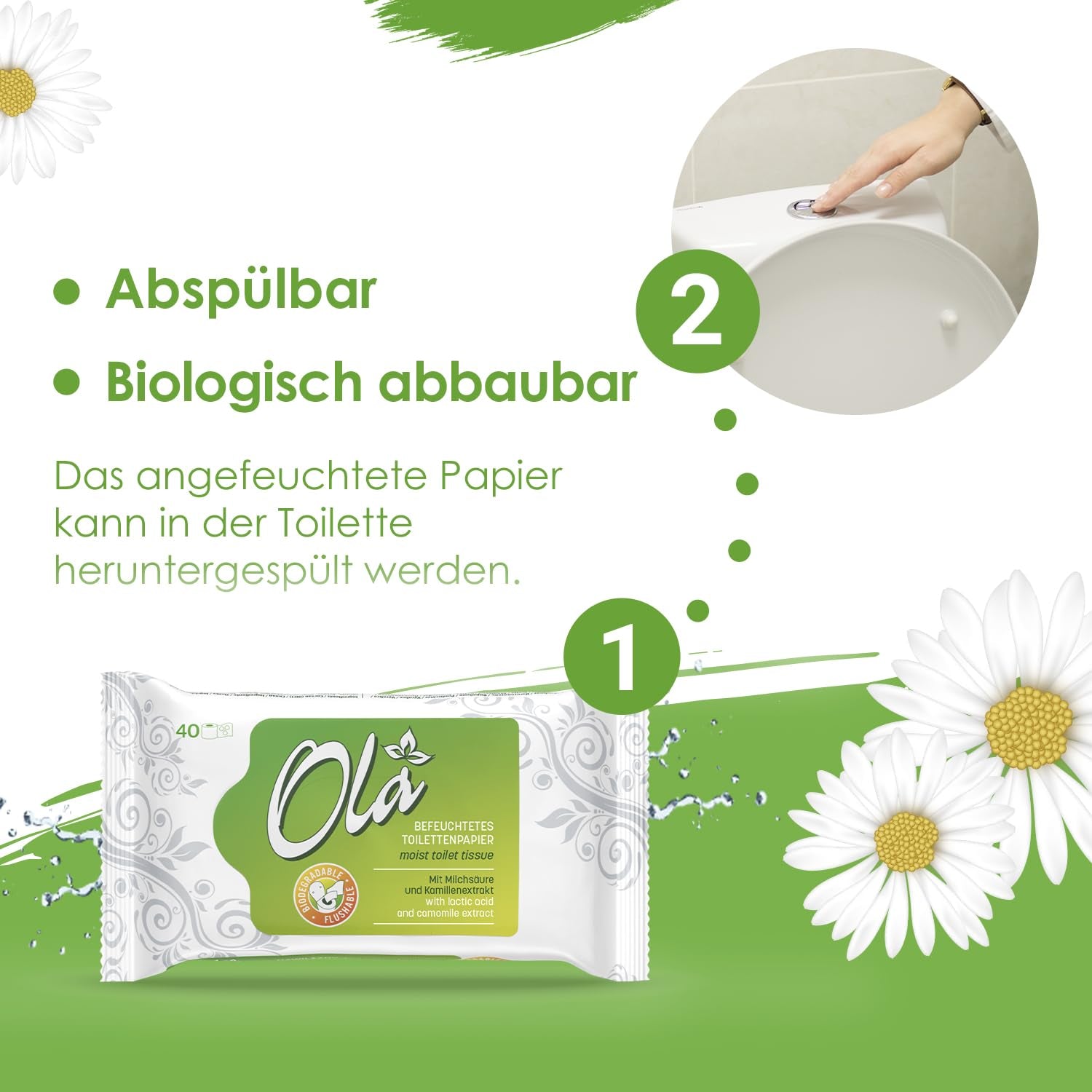OLA vådt toiletpapir - (1X40 stk.) Vådservietter - kamilleekstrakt og mælkesyre, vaskbar, følsom hud - 40 stk.