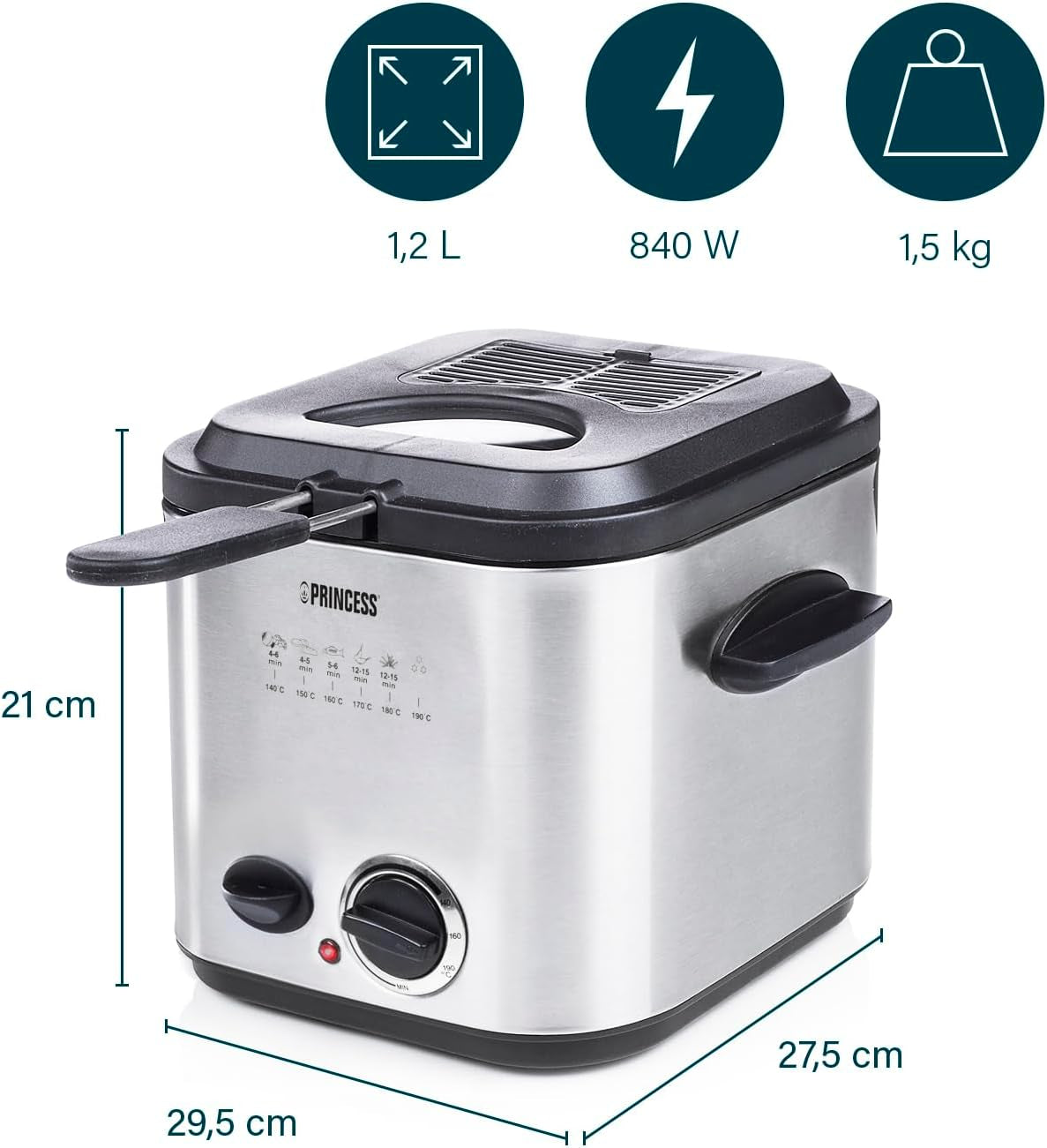 Princess 182611 Mini Fondue Frituregryde - Hurtig opvarmning - Lugtfilter - 1,2 liters kapacitet, sølv Hvidevarer Naty Shop