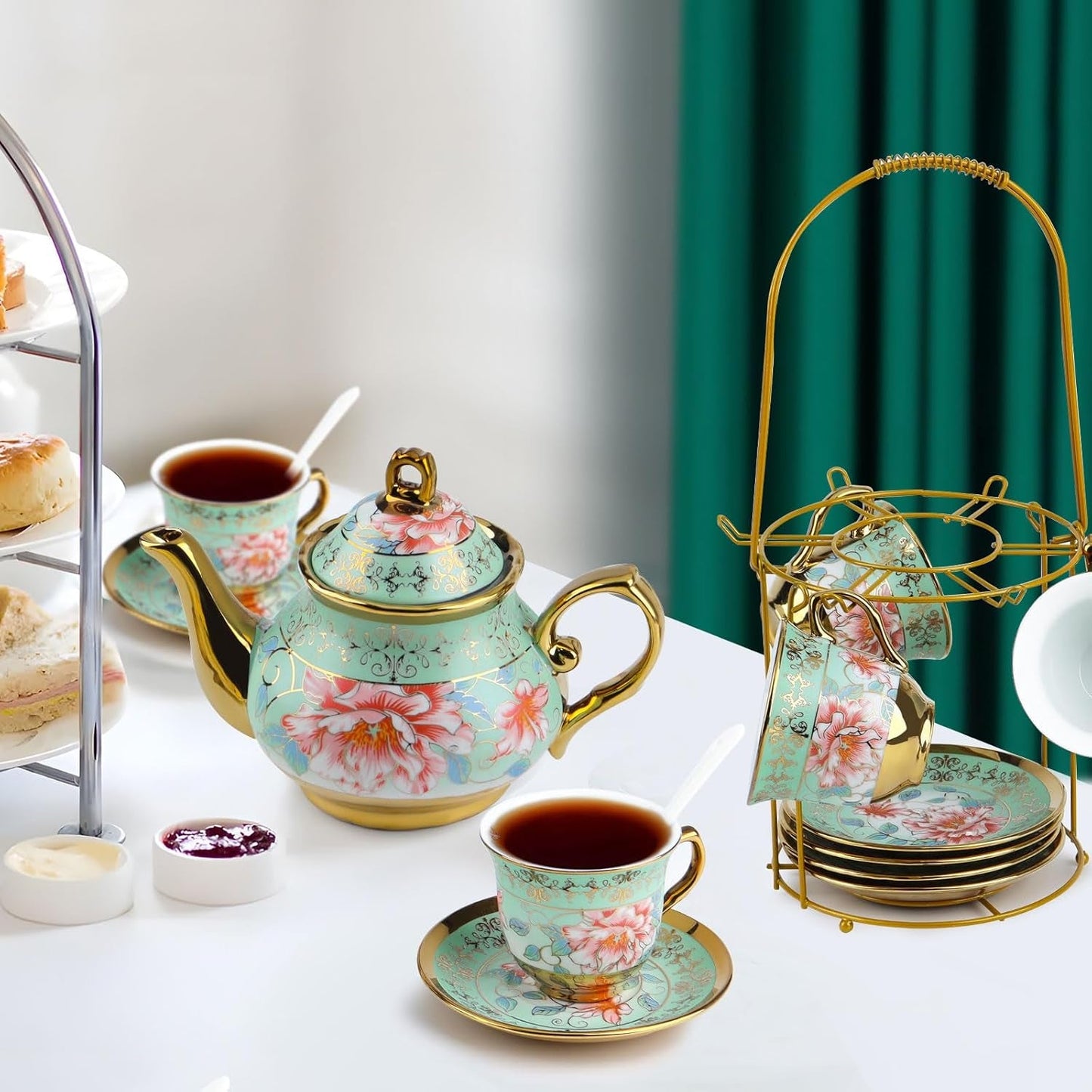 Keramisk tesæt med metalstativ, 20 stykker vintage blomstermønster porcelæn tesæt, tesæt i europæisk stil til 6, 160 ml keramisk tekop, 700 ml tekande, til fester