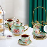 Keramisk tesæt med metalstativ, 20 stykker vintage blomstermønster porcelæn tesæt, tesæt i europæisk stil til 6, 160 ml keramisk tekop, 700 ml tekande, til fester