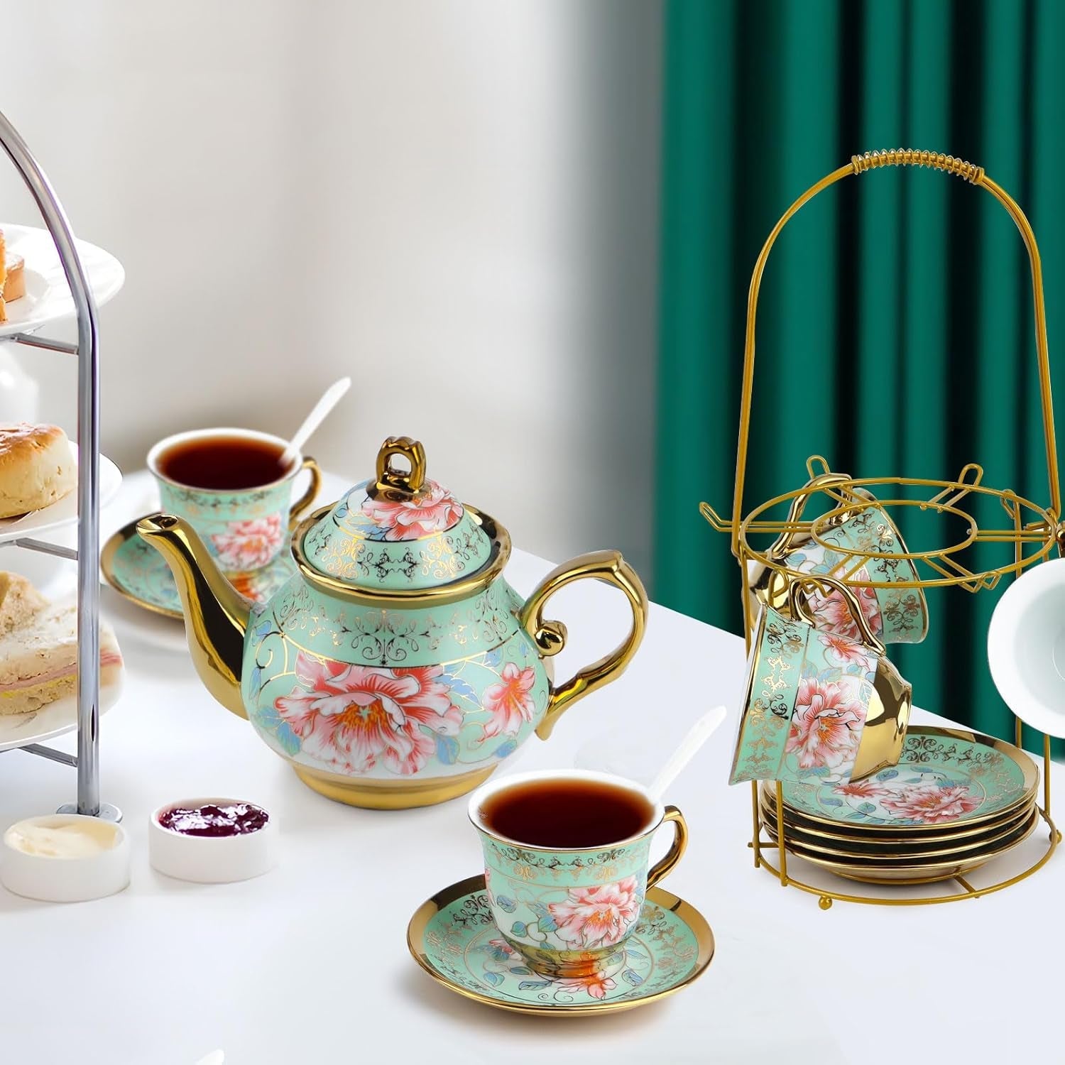 Keramisk tesæt med metalstativ, 20 stykker vintage blomstermønster porcelæn tesæt, tesæt i europæisk stil til 6, 160 ml keramisk tekop, 700 ml tekande, til fester