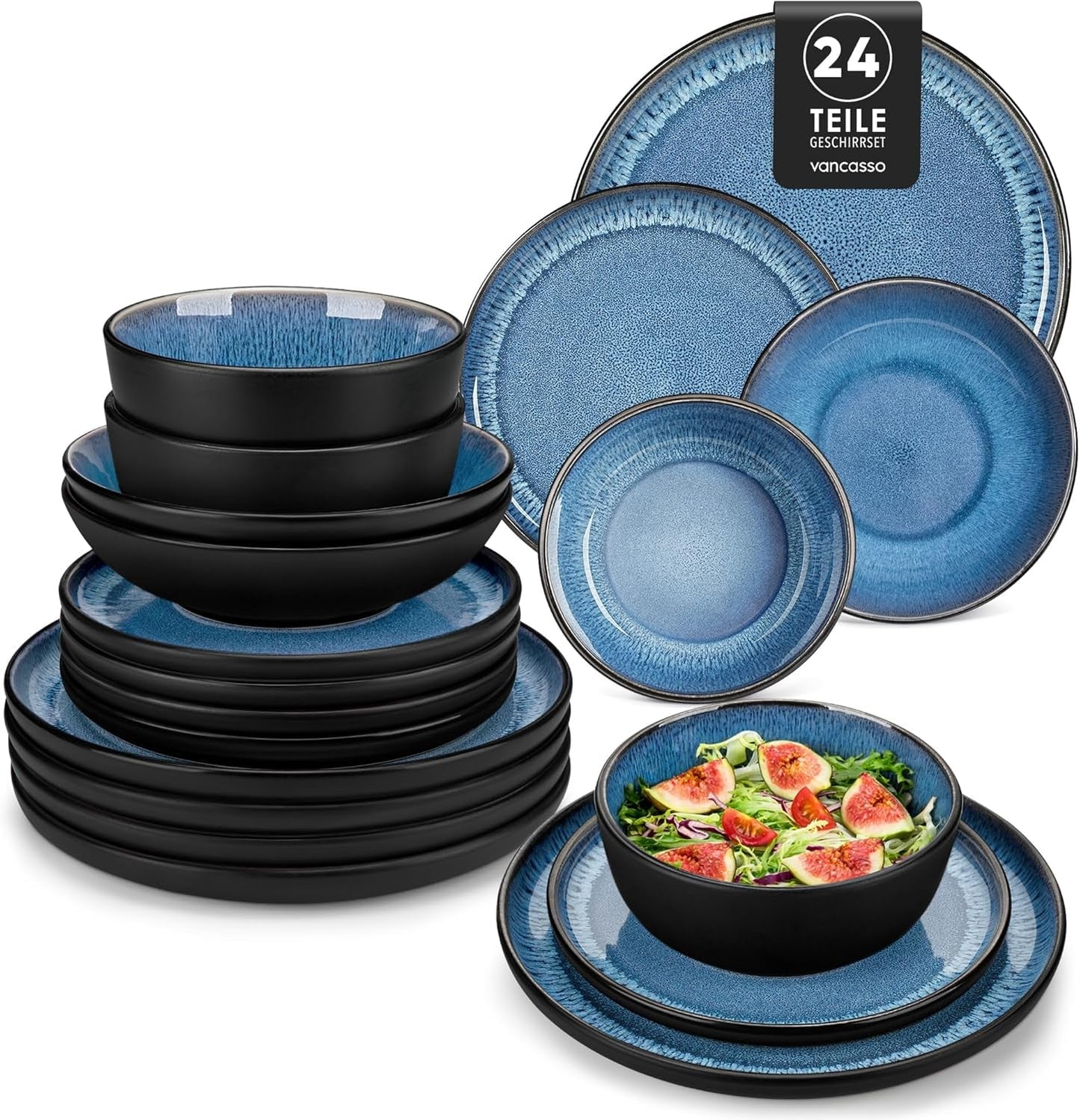 Spisestel til 6 Vancasso PLAYA Porcelænsstel i 24 dele til 6 blå Inklusive tallerkener, Suma-tallerkener, skåle og salattallerkener Tåler opvaskemaskine og mikroovn
