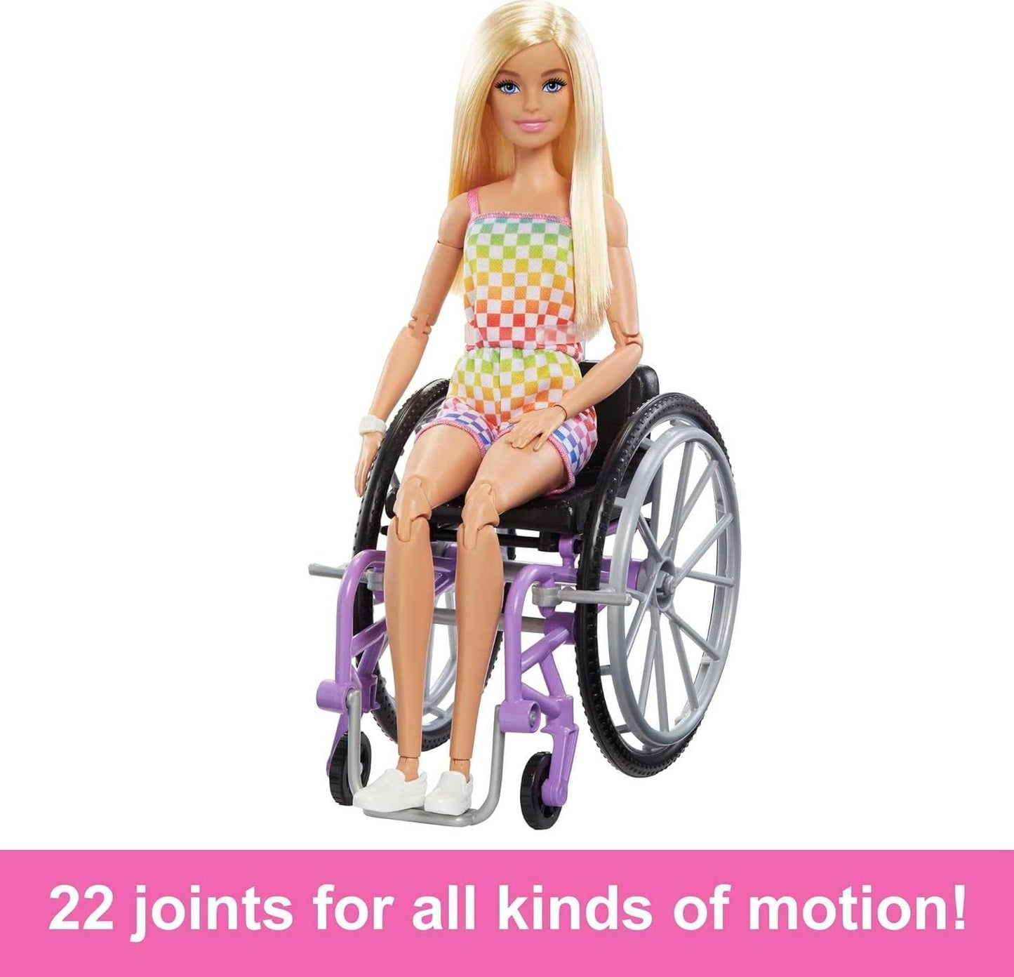 Barbie Fashionista dukke, blont hår og regnbue jumpsuit, kørestol og rampe inkluderet, dukkegave til børn, legetøj fra 3 år og opefter, HJT13