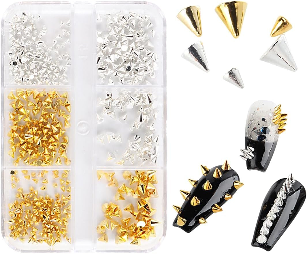 Mini Metall Nieten Punk Nail Charms Guld Silber Strasssteine ​​Nägel Charm Kegel Spikes Nagelschmuck Glitzersteine ​​Nail Art Studs Nagel Steine ​​Legierung Nagelanhänger Rhinestones Nageldesign Zubehör