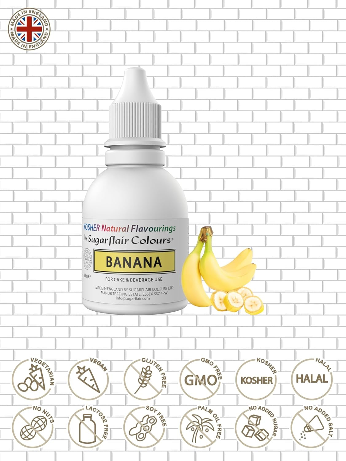Sugarflair Kosher Banana Natural Food Flavour Intense smagsdråber til kager, muffins, frostinger, drinks, is - 100 % naturlig smag - 30ml