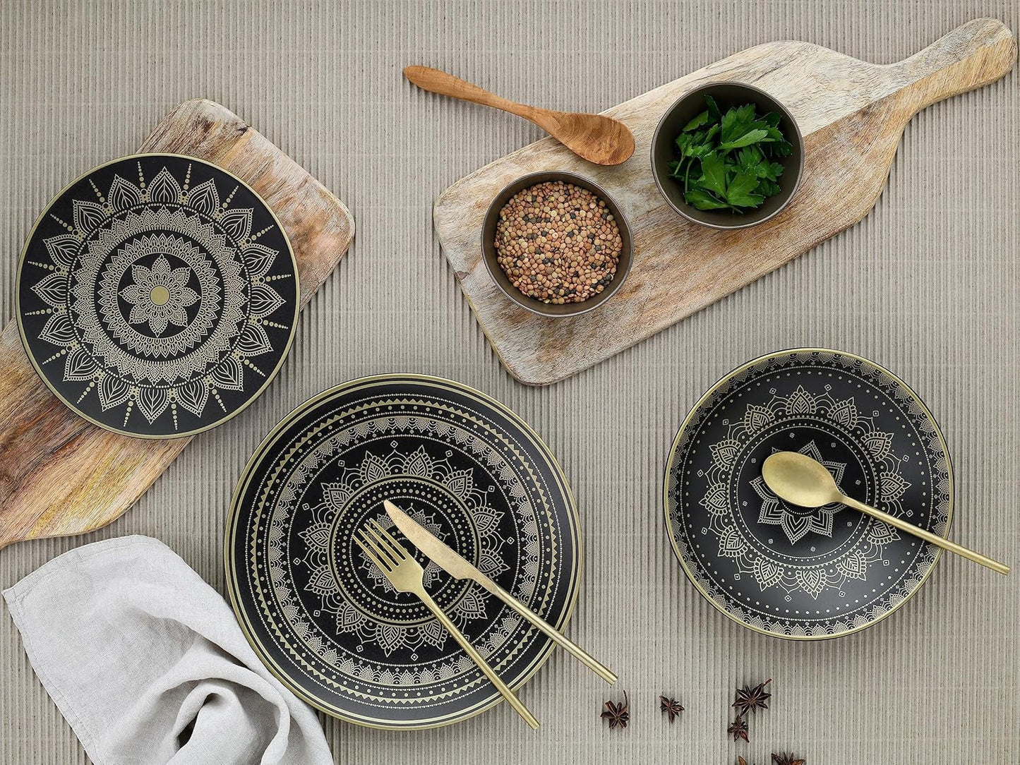 CreaTable, 23588, MANDALA GOLD Series - Sort, 12-delt porcelænssæt, tallerkensæt i porcelæn, Tåler opvaskemaskine og mikroovn, kvalitetsfremstilling