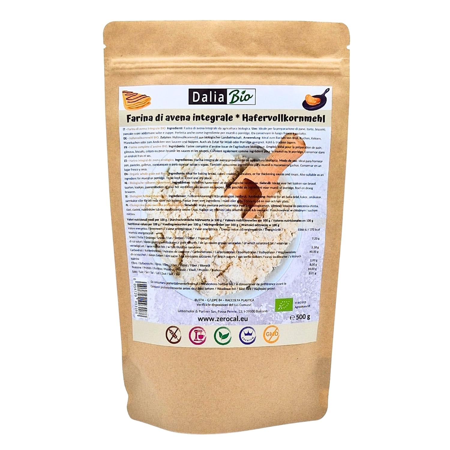 Dalia - Økologisk hel havremel 500g | Glutenfri | Rig på fibre og protein Oprindelse: Italien | Til brød, kager, grød og fitnessopskrifter | Premium kvalitet