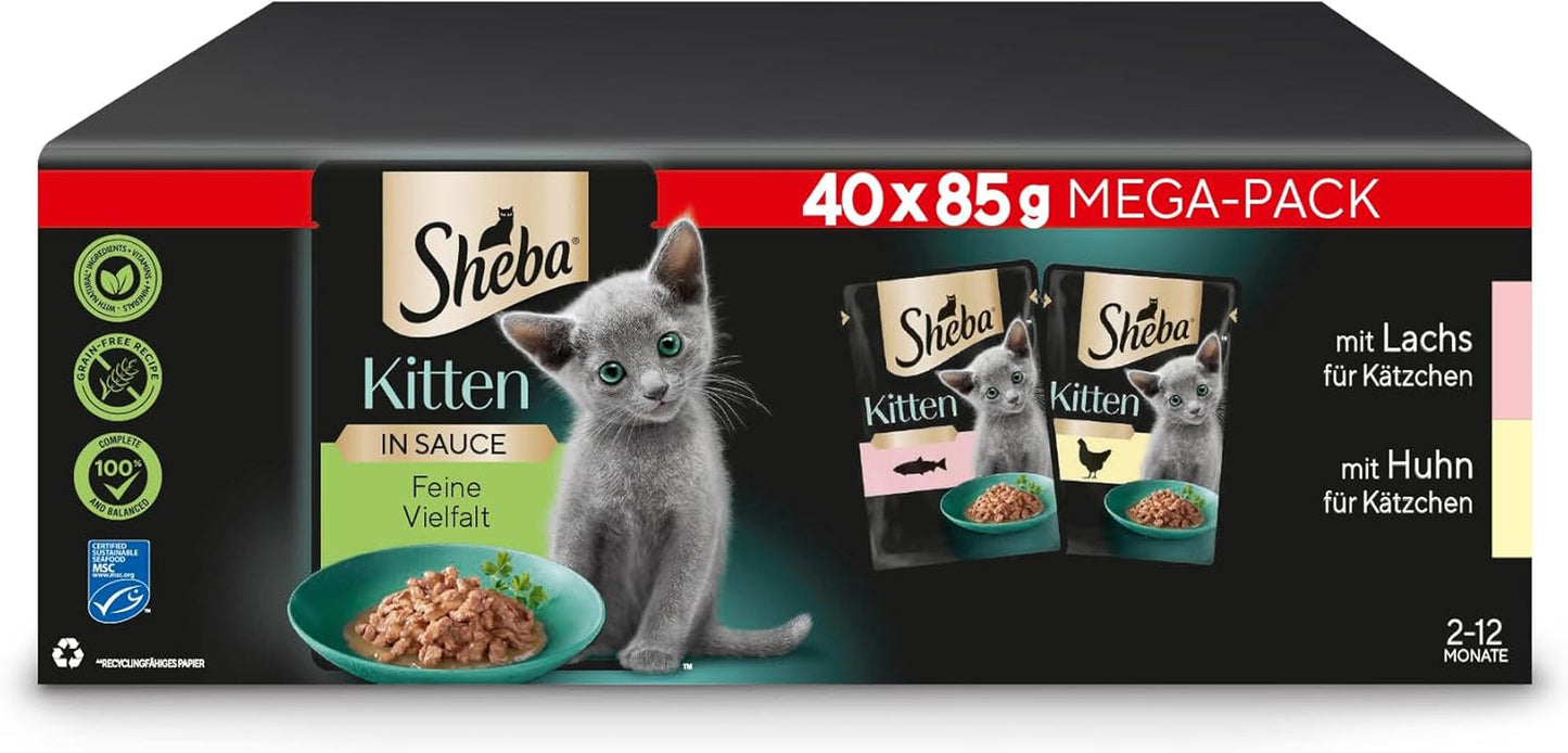 Sheba vådfoder til killinger, i diverse poser, med laks (MSC) og kylling i sauce, multipak 40x85g