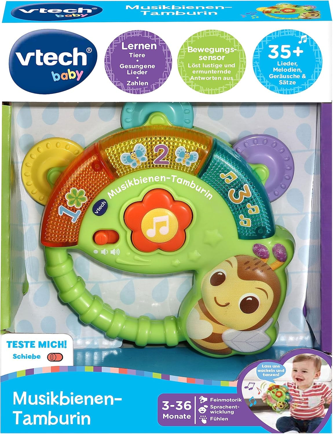 Vtech Baby Musical Bee Tambourine - Musiklegetøj med numre, sjove lyde, sætninger og sange - For børn i alderen 3-36 måneder Babylegetøj Naty Shop