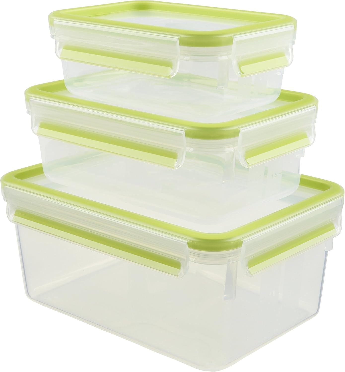 Emsa 515585 Madklip & Luk | 3 dele sæt | plastik | gennemsigtig / grøn | 0,55 / 1 / 2,2 liter Fødevarekasser Naty Shop Green 0,55 L+1,00 L+ 2,20 L